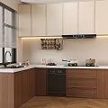 Modern Kitchen Interior With White Upper Cabinets Wooden Lower Countertop And Appliances