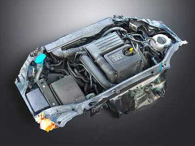 Audi Car Engine with Mechanical Components Pipes and Battery in Engine Bay 3d model