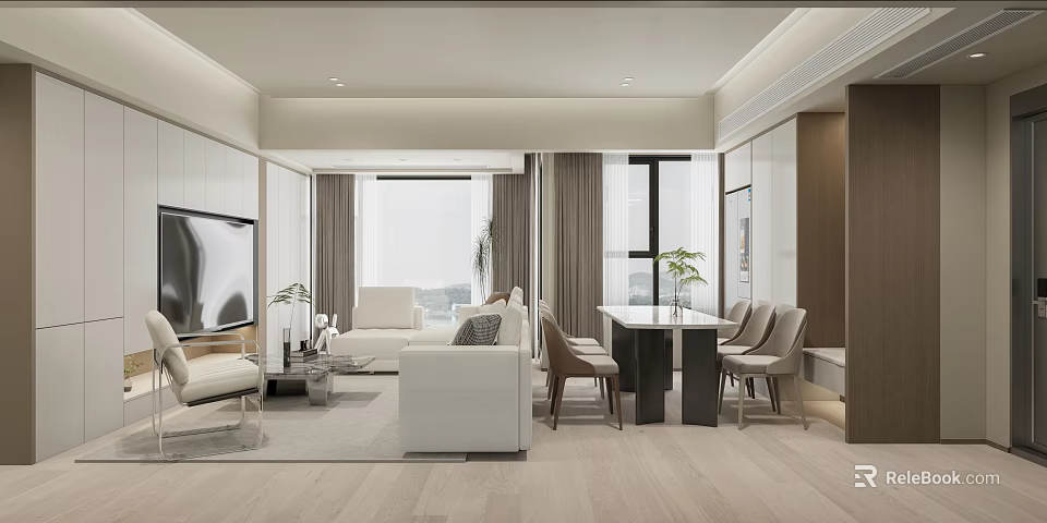 Modern Living and Dining Room Interior Design With White Sofa Dining Table Chairs And Plant 3d model 
