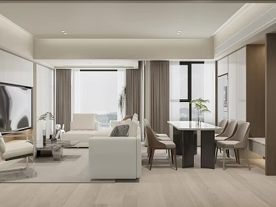 Modern Living and Dining Room Interior Design With White Sofa Dining Table Chairs And Plant 3d model
