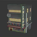 Cartoon Scene Of Two Story Building With Neon Sign Red Striped Awning And Lit Windows