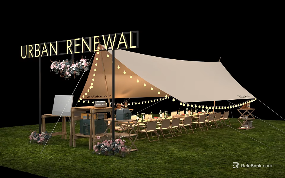 Urban Renewal Outdoor Tent With String Lights Tables Chairs And Flower Bouquets On Grass 3d model 