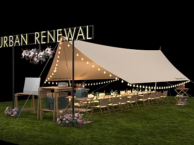 Urban Renewal Outdoor Tent With String Lights Tables Chairs And Flower Bouquets On Grass 3d model