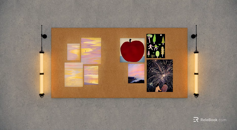 Corkboard Wall Decor with Various Artworks Including Apple Sunset and Fireworks and Side Light Fixtures 3d model 