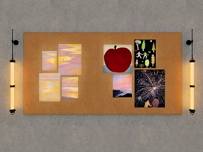Corkboard Wall Decor with Various Artworks Including Apple Sunset and Fireworks and Side Light Fixtures 3d model