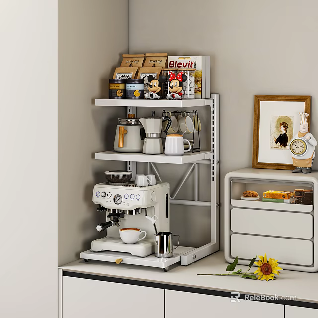 Modern Kitchen Setup With White Coffee Machine Shelf Jars Mugs Cabinet Photo Frame And Sunflower 3d model 