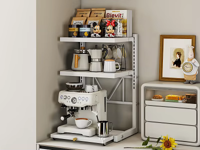 Modern Kitchen Setup With White Coffee Machine Shelf Jars Mugs Cabinet Photo Frame And Sunflower 3d model