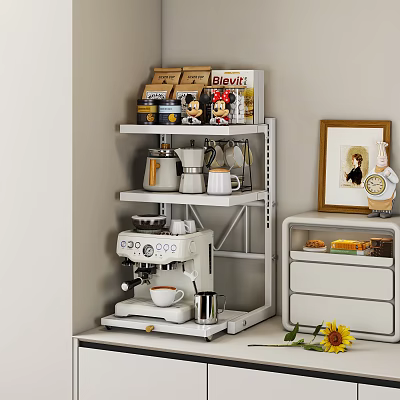 Modern Kitchen Setup With White Coffee Machine Shelf Jars Mugs Cabinet Photo Frame And Sunflower 3d model
