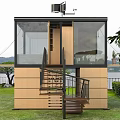 Modern Wooden Cabin with Large Glass Windows Surrounded by Trees Staircase to Terrace with Plants