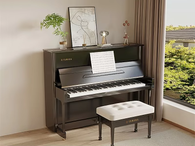 Bright Modern Piano Room With Black Piano Sheet Music Green Plant And Window View 3d model