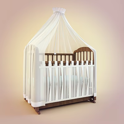 Stylish Baby Crib With Wooden Frame White Canopy And Safety Railing 3d model