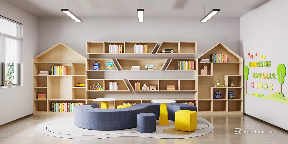 Book Filled Bookcases In Modern Reading Area With Sofas And Stools 3d model 