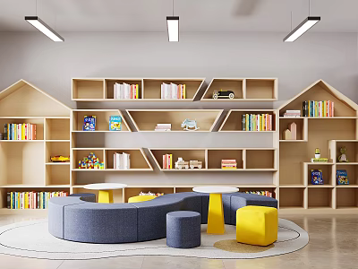 Book Filled Bookcases In Modern Reading Area With Sofas And Stools 3d model