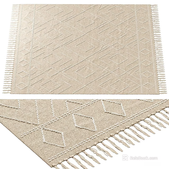 Beige Square Carpet With Geometric Pattern Woven Texture And Fringe Edges 3d model