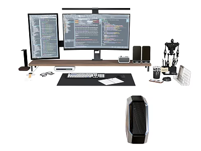 Sleek Computer Workstation With Multiple Monitors PC Case Keyboard Mouse Pad And Robot Model 3d model