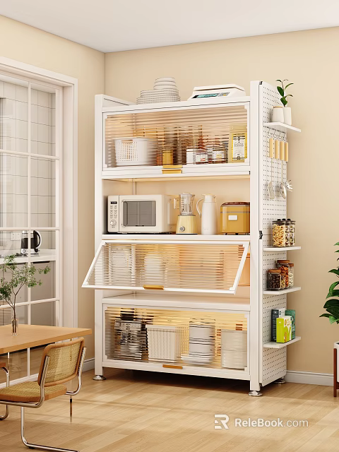 Modern Kitchen Shelf Unit With Microwave Blender Storage Jars And Open Cabinet Doors 3d model 