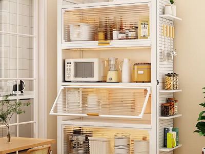 Modern Kitchen Shelf Unit With Microwave Blender Storage Jars And Open Cabinet Doors 3d model