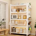 Modern Kitchen Shelf Unit With Microwave Blender Storage Jars And Open Cabinet Doors