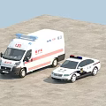 Emergency Response Function Vehicles Featuring Ambulance and Police Car on Concrete Surface