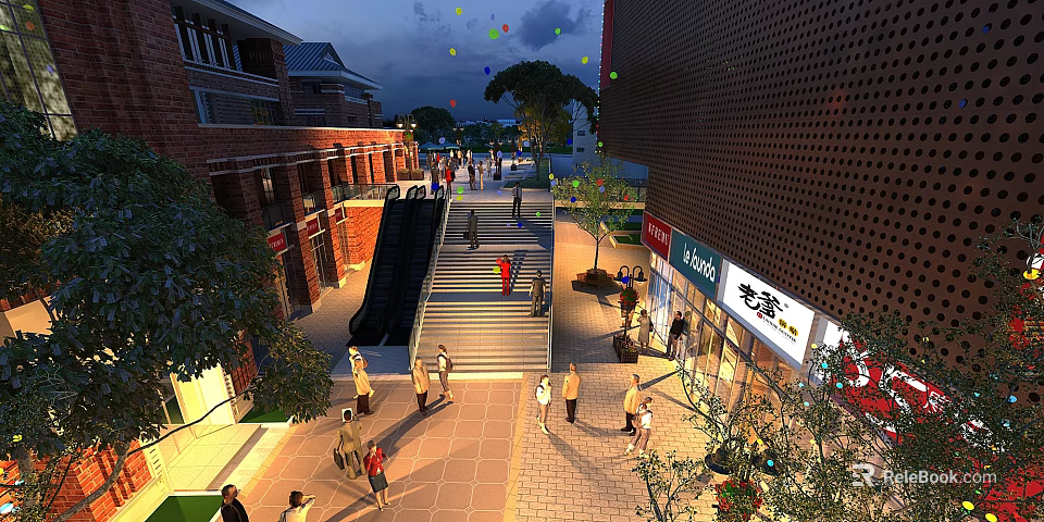Bustling Commercial Street With Pedestrians Stairs Escalators Shops And Evening Illumination 3d model 