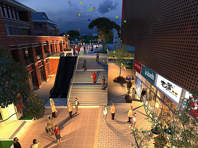 Bustling Commercial Street With Pedestrians Stairs Escalators Shops And Evening Illumination 3d model