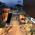 Bustling Commercial Street With Pedestrians Stairs Escalators Shops And Evening Illumination