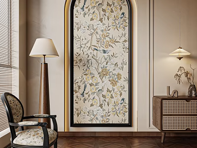 Elegant Floral Botanical Painting In Interior Space With Floor Lamp Chair And Wooden Cabinet 3d model