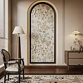 Elegant Floral Botanical Painting In Interior Space With Floor Lamp Chair And Wooden Cabinet