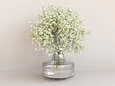 White Baby's Breath Flowers In Transparent Glass Vase With Round Base On Light Gray Tabletop 3d model