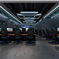 Modern Gaming Cafe Interior With Esports Computers Gaming Chairs And Neon Ceiling Decorations