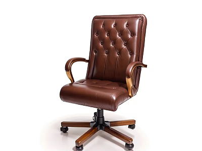 Comfortable Brown Leather Leisure Chair With Tufted Backrest Wooden Armrests And Wheels 3d model