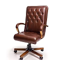 Comfortable Brown Leather Leisure Chair With Tufted Backrest Wooden Armrests And Wheels