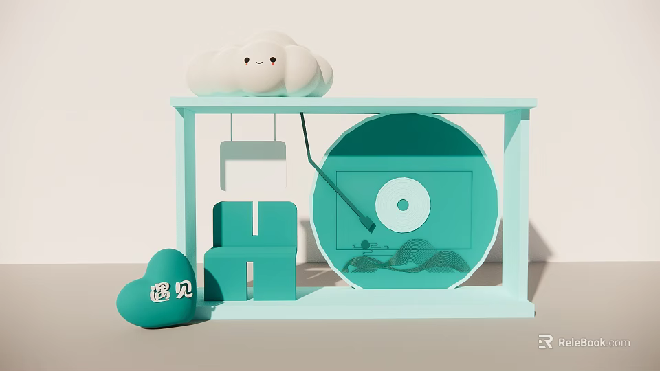 Light Blue Display Shelf With White Cloud Doll Green H Block And Heart Shape Object 3d model