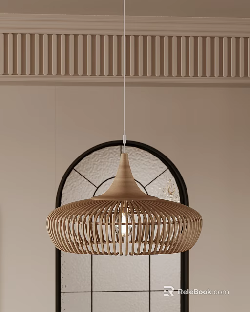 Woven Rattan Pendant Light Round Hollow Dome Design With Circular Window And Light Beige Wall 3d model 