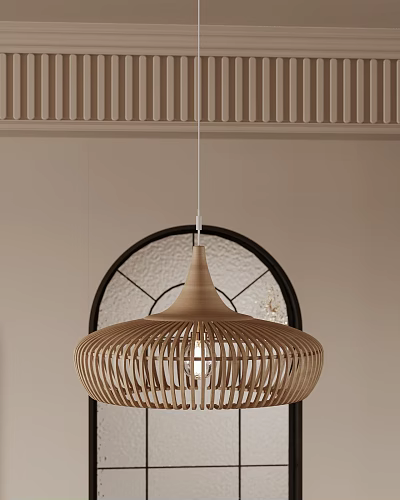 Woven Rattan Pendant Light Round Hollow Dome Design With Circular Window And Light Beige Wall 3d model