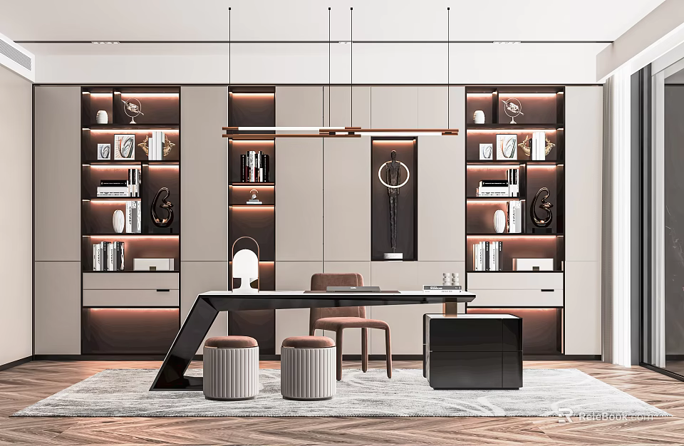 Modern Study Room Interior Design With Built in Bookshelves Desk And Pendant Lighting 3d model 