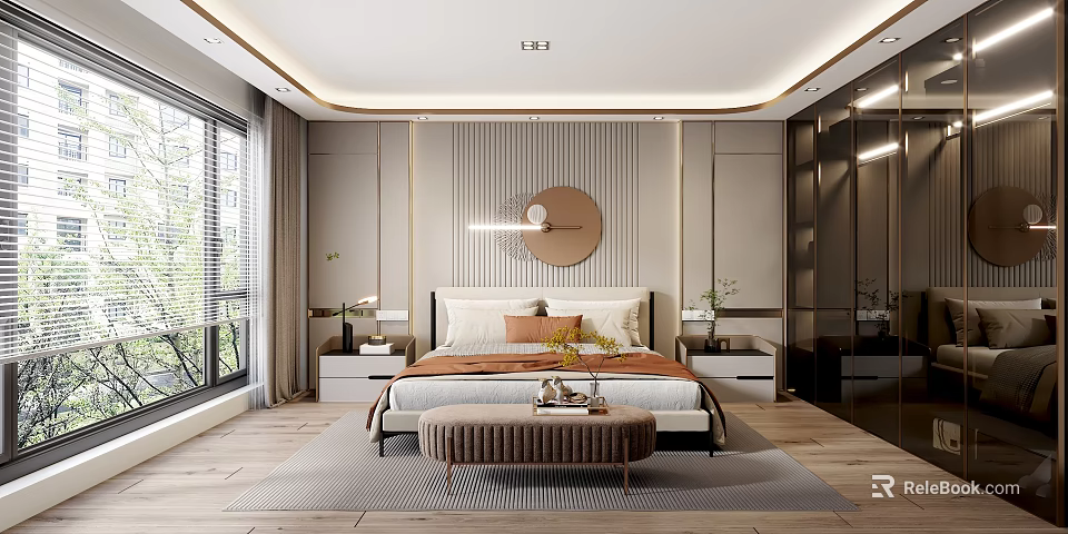 Modern Bedroom Interior Design With Bed Headboard Round Mirror Bedside Tables Wall Light And Rug 3d model 