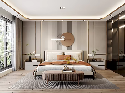 Modern Bedroom Interior Design With Bed Headboard Round Mirror Bedside Tables Wall Light And Rug 3d model