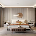 Modern Bedroom Interior Design With Bed Headboard Round Mirror Bedside Tables Wall Light And Rug