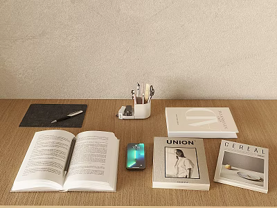 Open Book And Magazines On Tabletop With Pen Phone And Reading Items 3d model