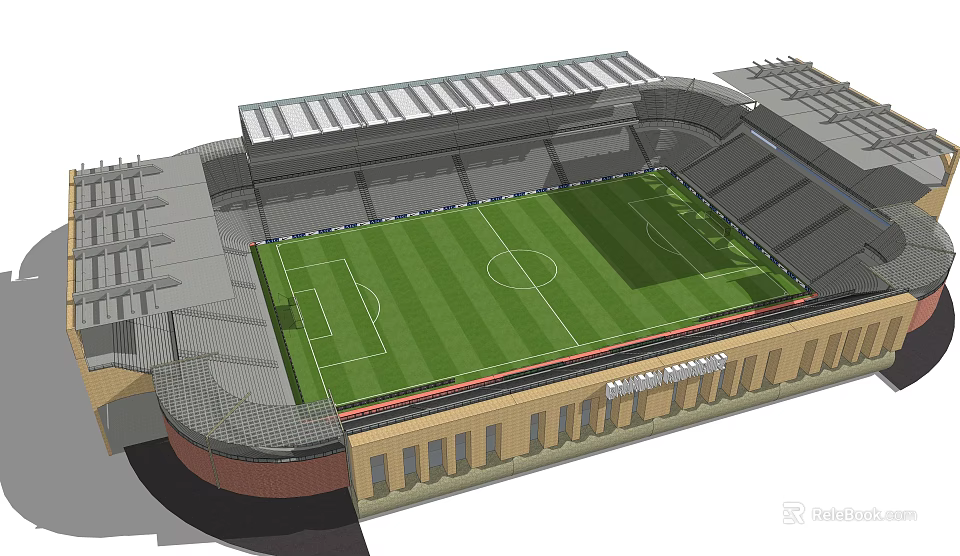 Modern Football Stadium With Green Pitch White Lines Roof Structure And Tiered Stands 3d model 