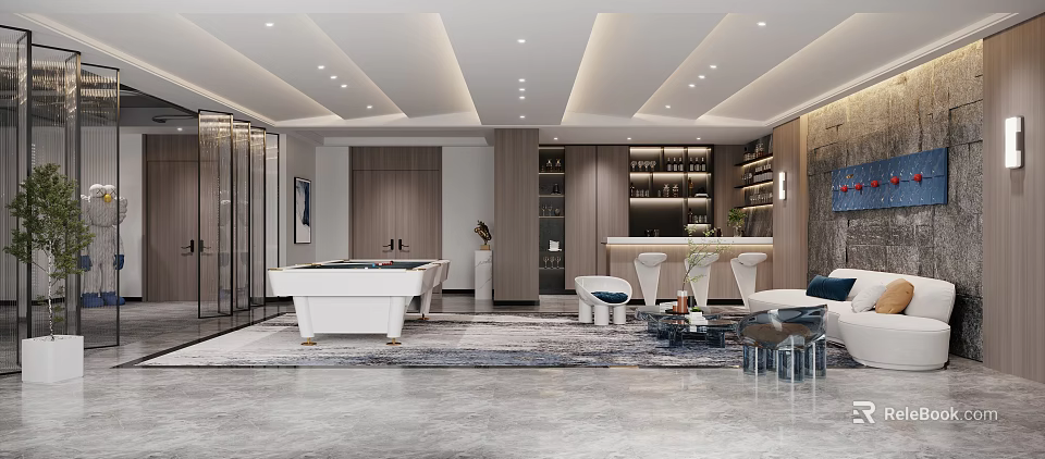 Modern Leisure Area Interior Design With Pool Table Bar Counter Sofa And Wine Racks 3d model