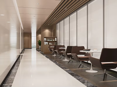 Modern Office Corridor With Long Windows Blinds Brown Chairs White Tables Greenery And Smooth Floor 3d model