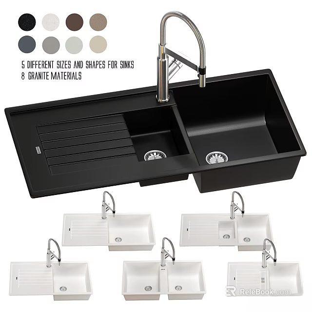 Variety of Granite Sinks Featuring 5 Sizes Shapes 8 Materials and Faucet 3d model 