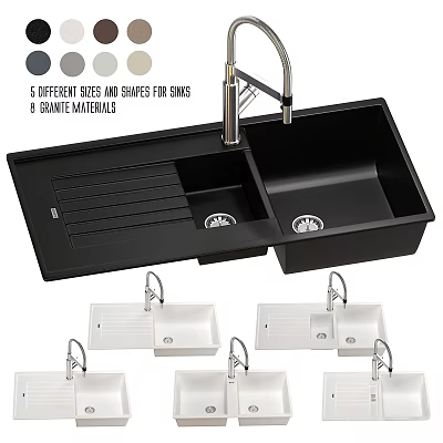 Variety of Granite Sinks Featuring 5 Sizes Shapes 8 Materials and Faucet 3d model