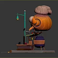 Colorful Cartoon Food Stall With Orange Character Pink Brain Head Street Lamp And Tables