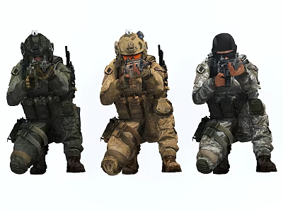 Game Movie Characters Three Tactical Soldiers Wearing Camouflage Uniforms Squatting With Weapons And Military Gear 3d model