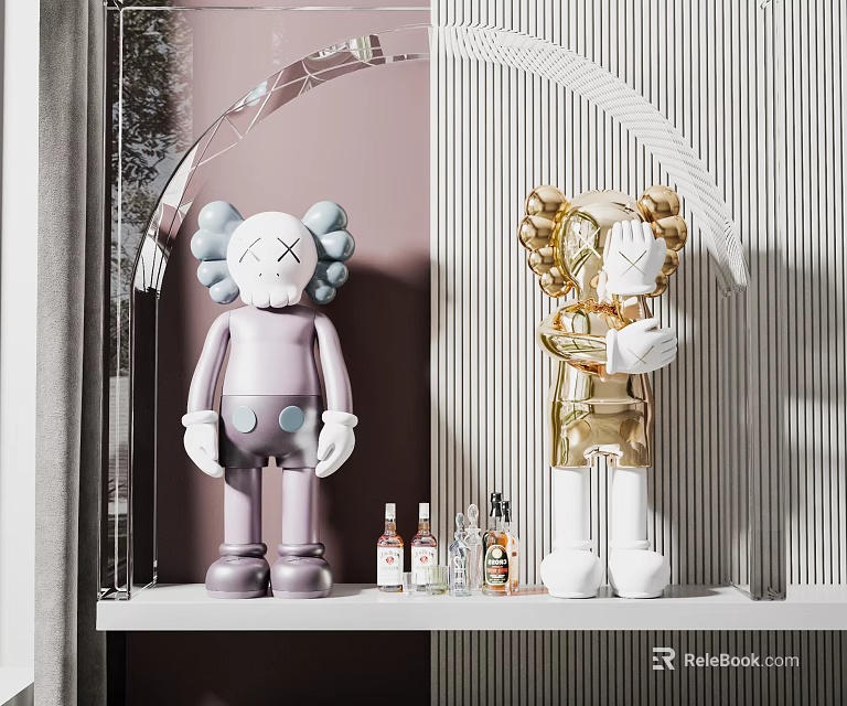 Modern Art Kaws Sculpture Purple And Gold Figurine Display On Shelf With Bottles 3d model 