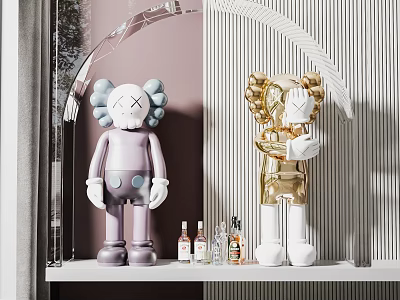 Modern Art Kaws Sculpture Purple And Gold Figurine Display On Shelf With Bottles 3d model