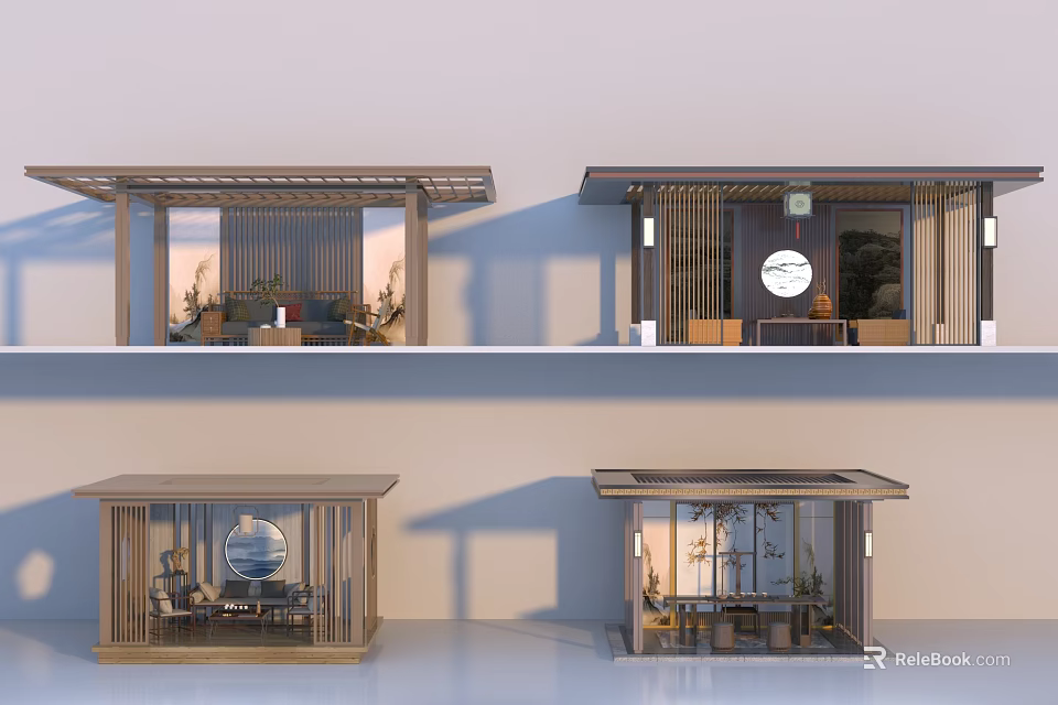 Traditional Wooden Landscape Pavilion With Lattice Screens And Garden Seating 3d model 